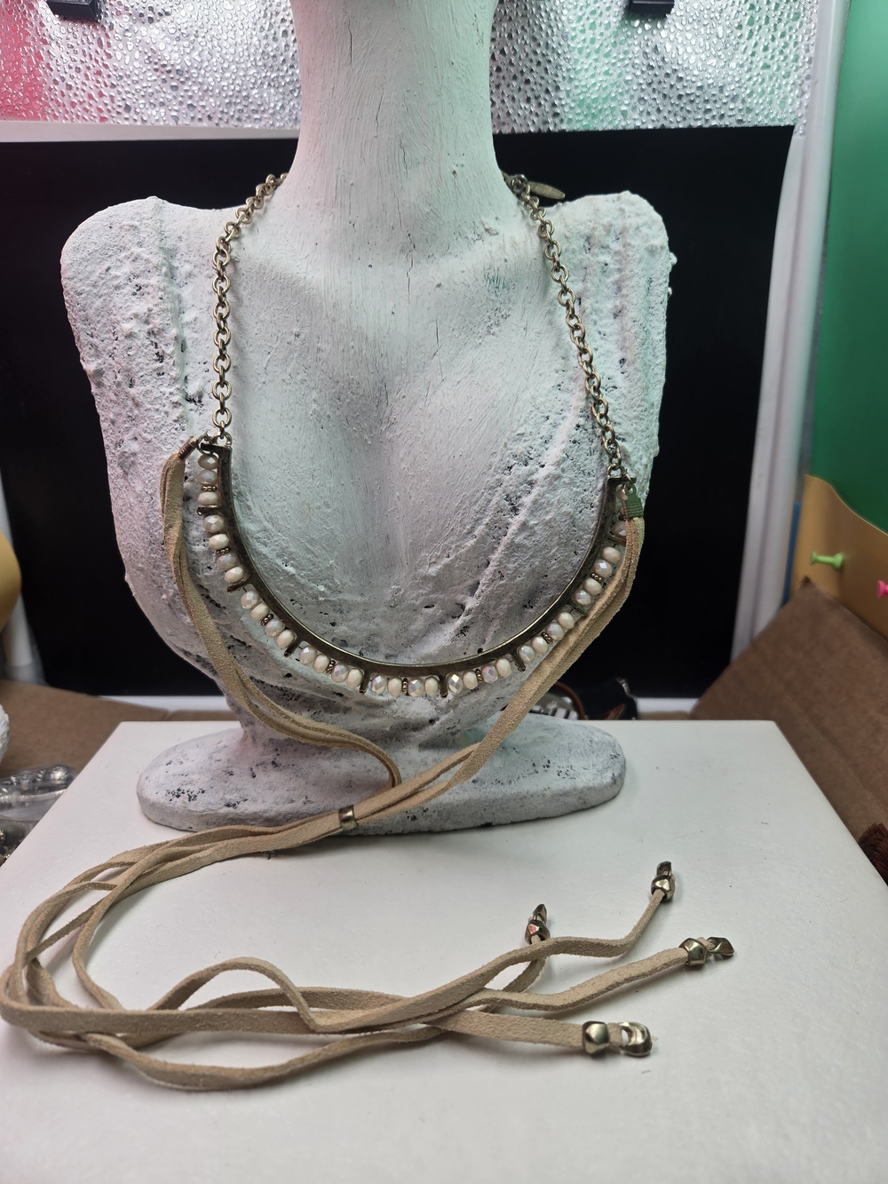 Beaded Crescent Suede-Trim Necklace in Beige